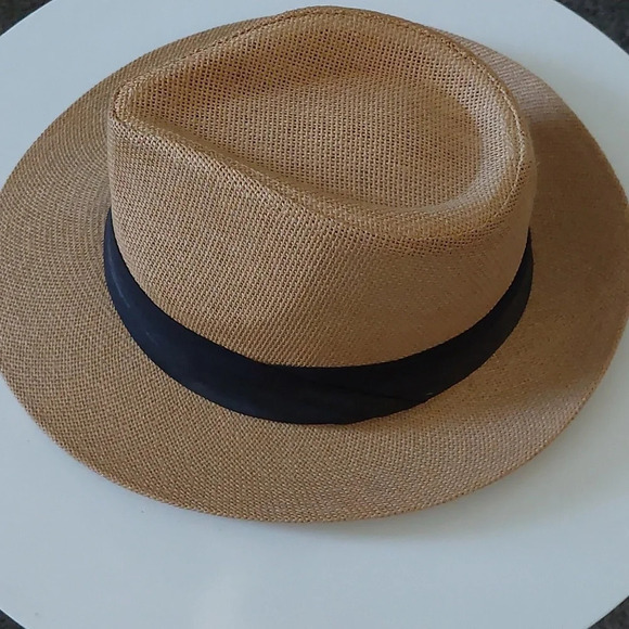 Woven paper Fedora hat Unisex tan Black accent O/S - Picture 1 of 5